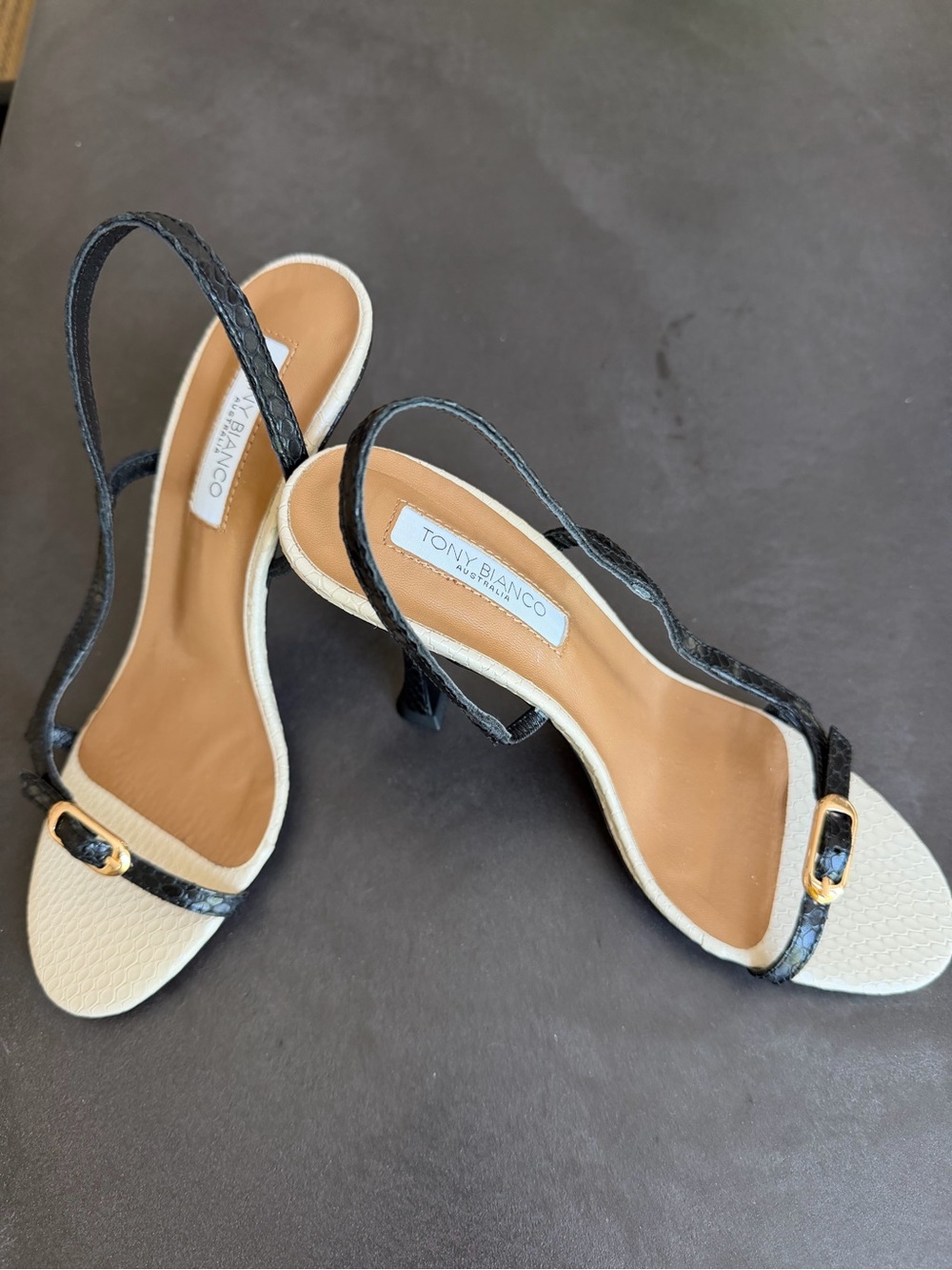 Tony Bianco Christine Black & Cream Slingback Heels with Gold Buckle